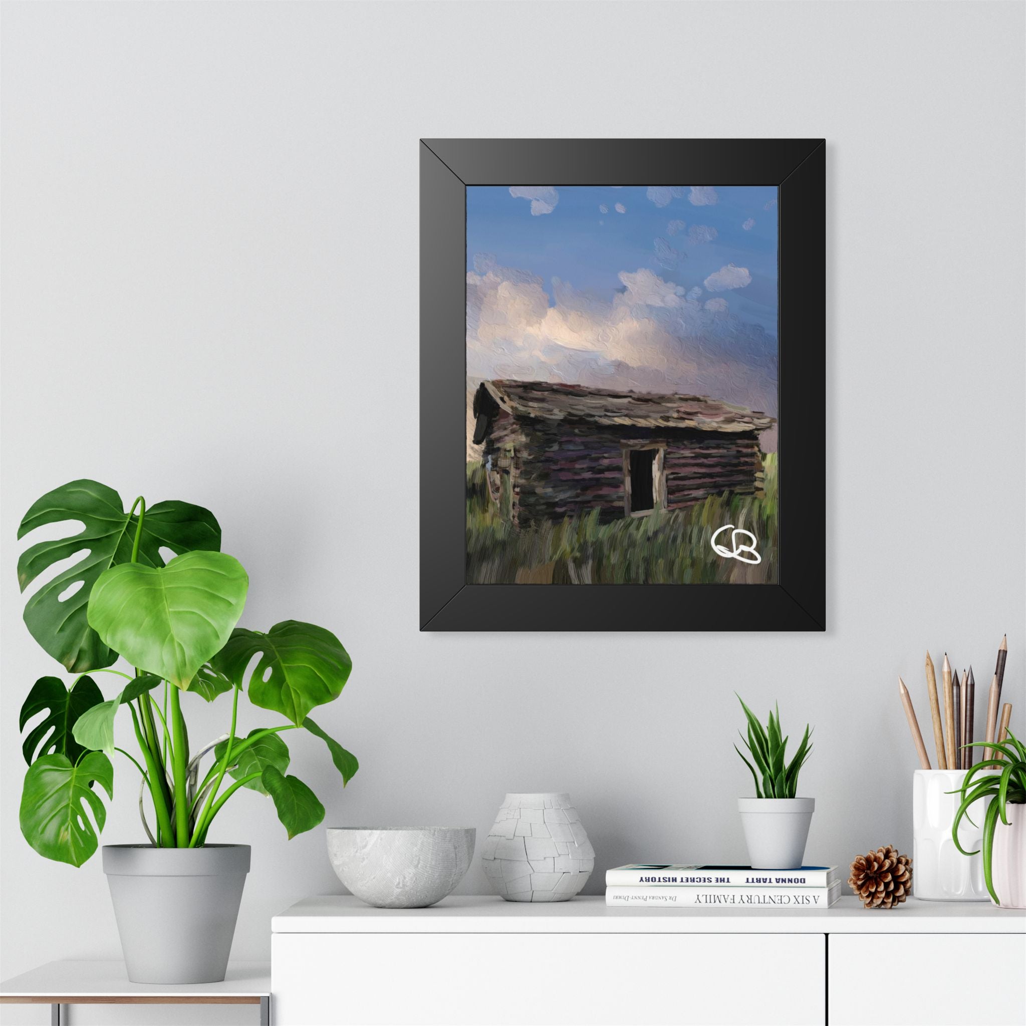 Framed Poster - Rustic Cabin Landscape Art Print (Vertical)