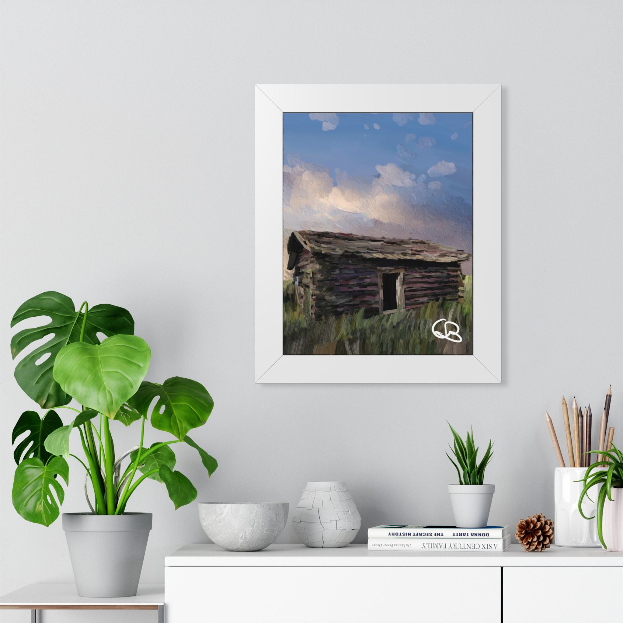 Framed Poster - Rustic Cabin Landscape Art Print (Vertical)