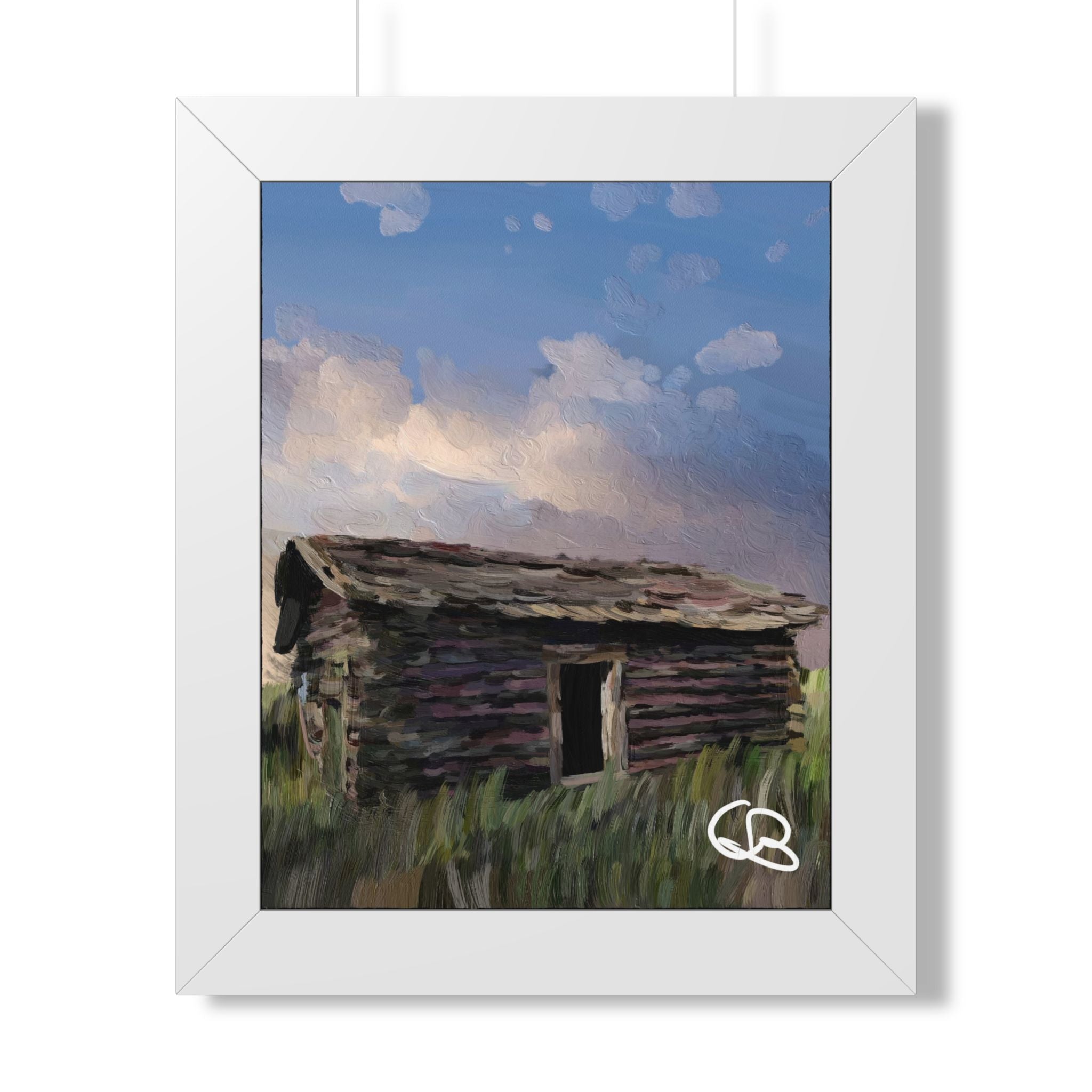 Framed Poster - Rustic Cabin Landscape Art Print (Vertical)