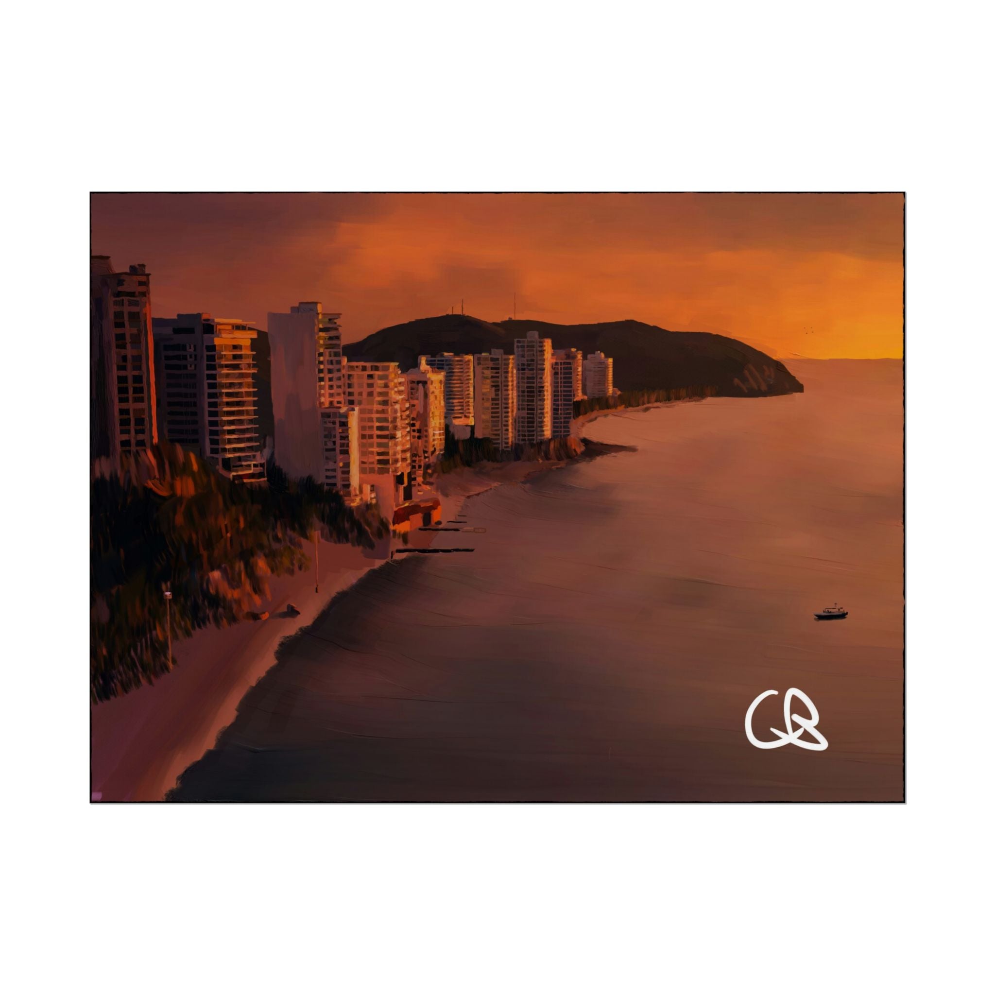Sunset Beach Skyline Rolled Poster — Coastal Cityscape Wall Art