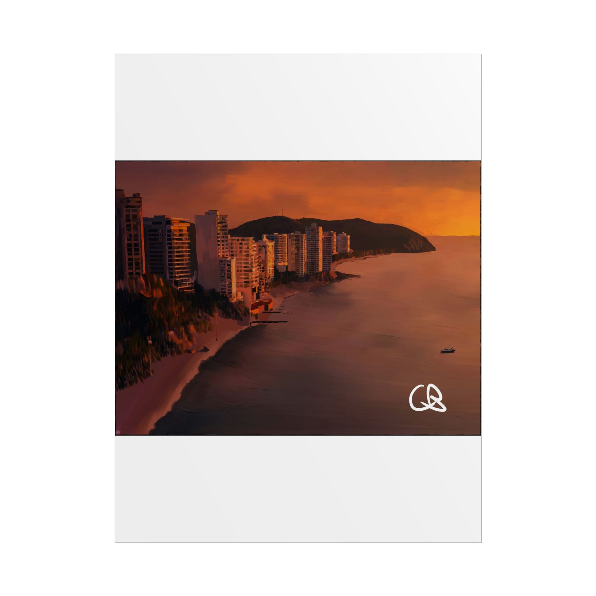 Sunset Beach Skyline Rolled Poster — Coastal Cityscape Wall Art