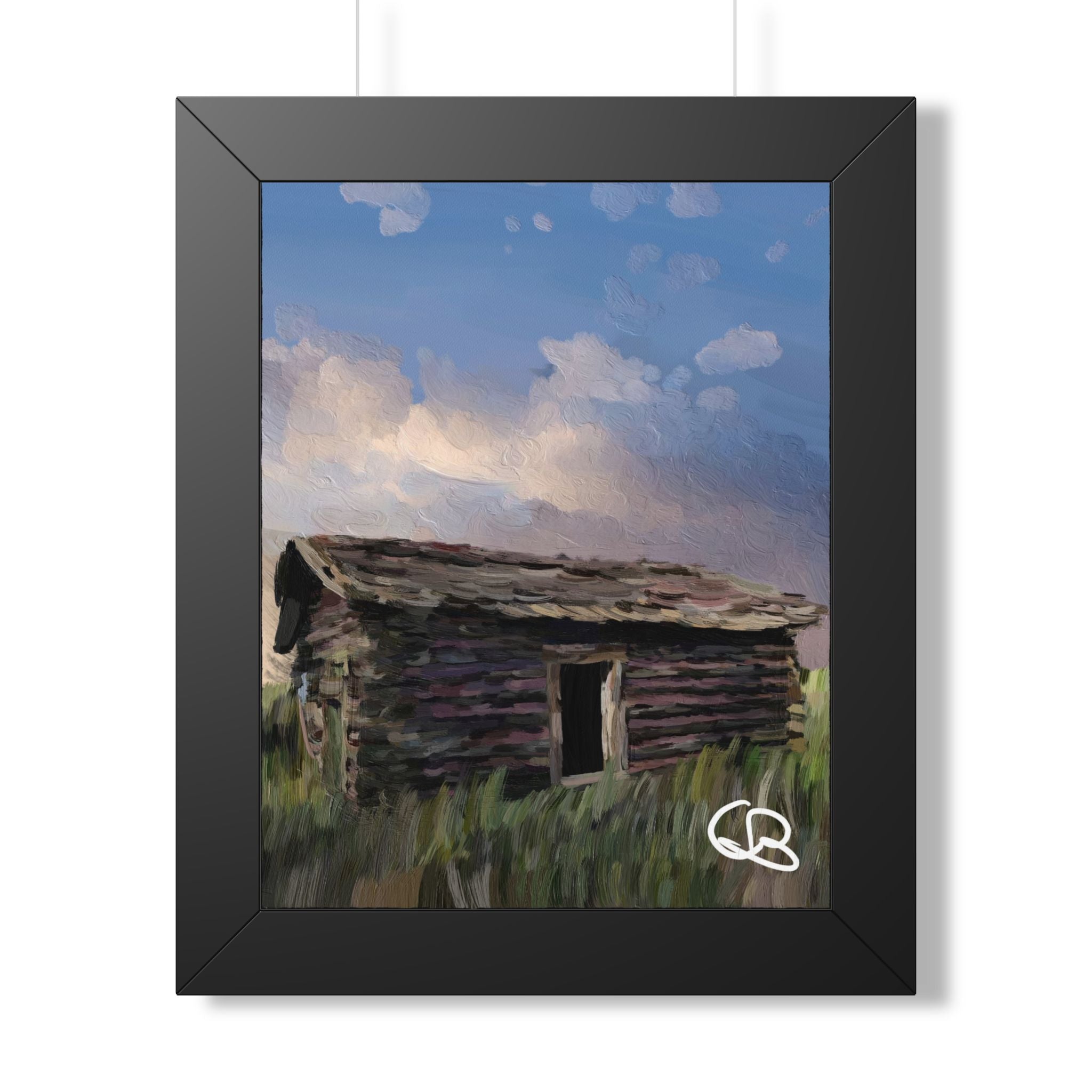 Framed Poster - Rustic Cabin Landscape Art Print (Vertical)